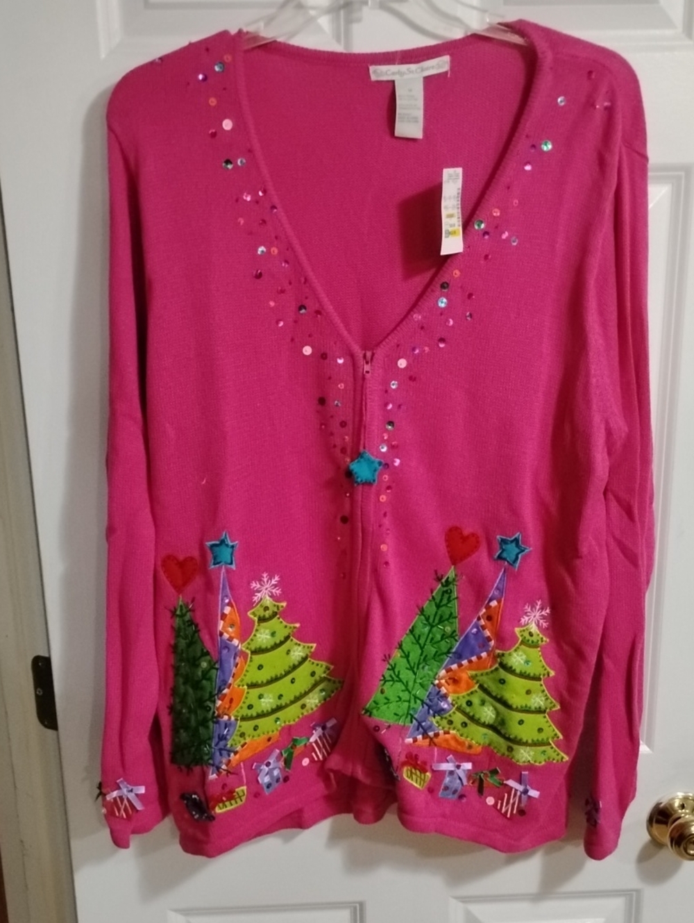 Carly St. Claire Bright Pink V-Neck Sequin Christmas Tree Sweater